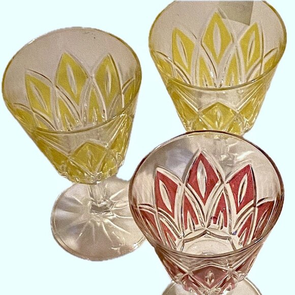 Vintage VMC Reims French Harlequin Crystal Wine Glasses Set of 3, 1 Red 2 Yellow - Picture 2 of 13